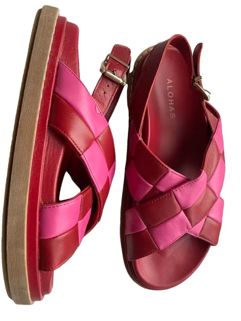 ALOHAS Red & Pink Woven Leather Slingback Sandals